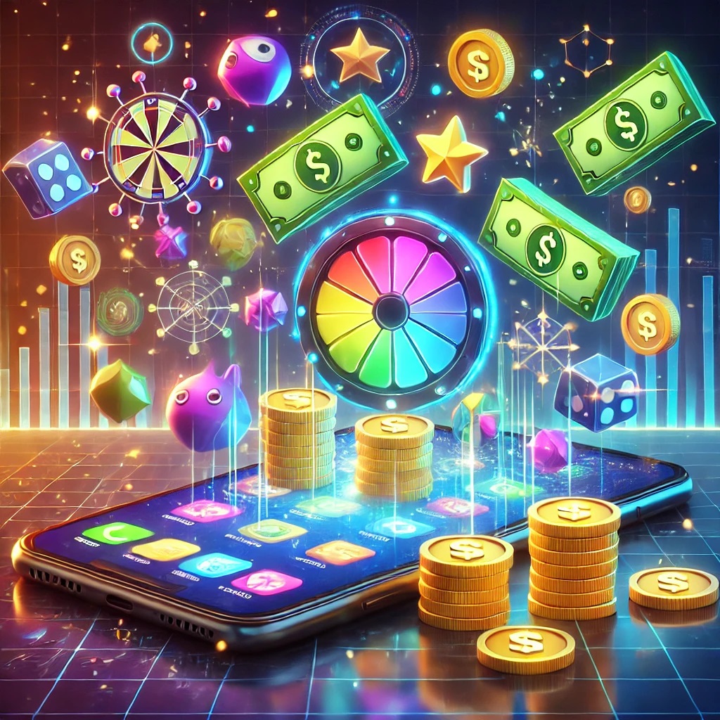 A smartphone displaying colorful gaming app icons with coins and cash symbols floating around, set against a futuristic gaming-themed background with glowing elements, representing the connection between gaming and earning money.