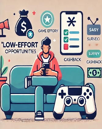 Illustration of low-effort earning opportunities, featuring a person lounging on a couch using a smartphone, surrounded by icons of a money bag, game controller, survey clipboard, and cashback symbol, symbolizing easy online money-making methods.