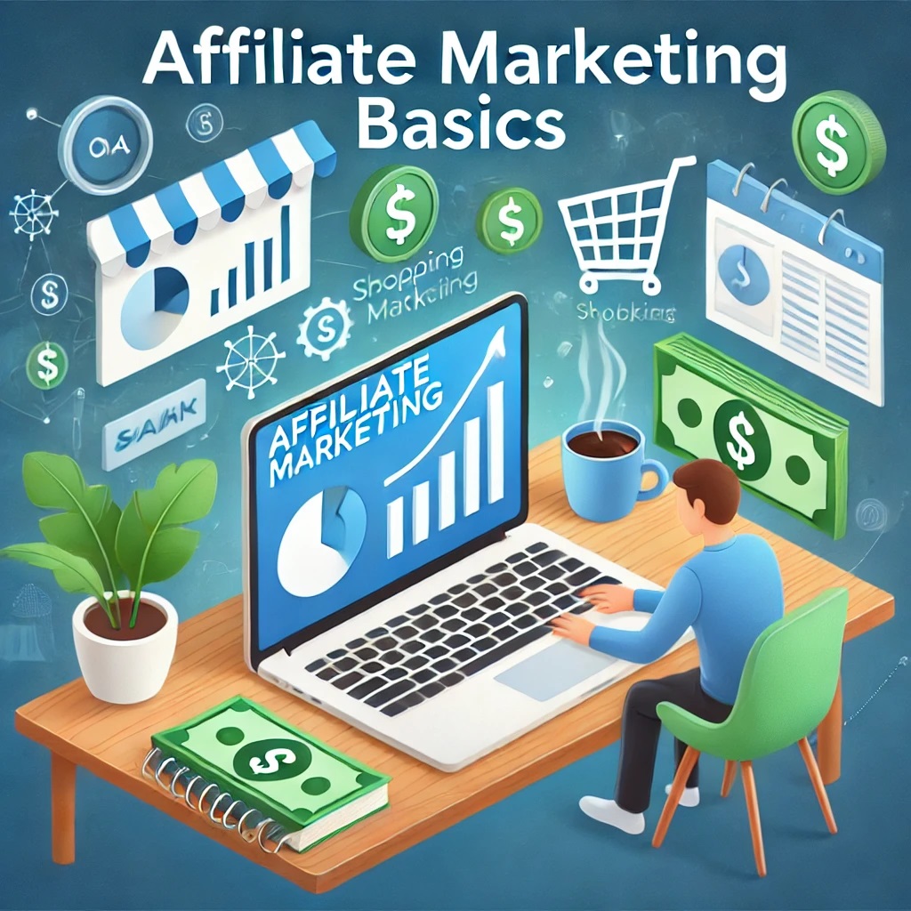 A modern illustration of affiliate marketing basics featuring a laptop screen with an analytics dashboard, dollar signs, and shopping cart icons. A person is sitting at a desk with a notebook and coffee mug, symbolizing productivity. The design uses bright blues and greens for an approachable and professional look.