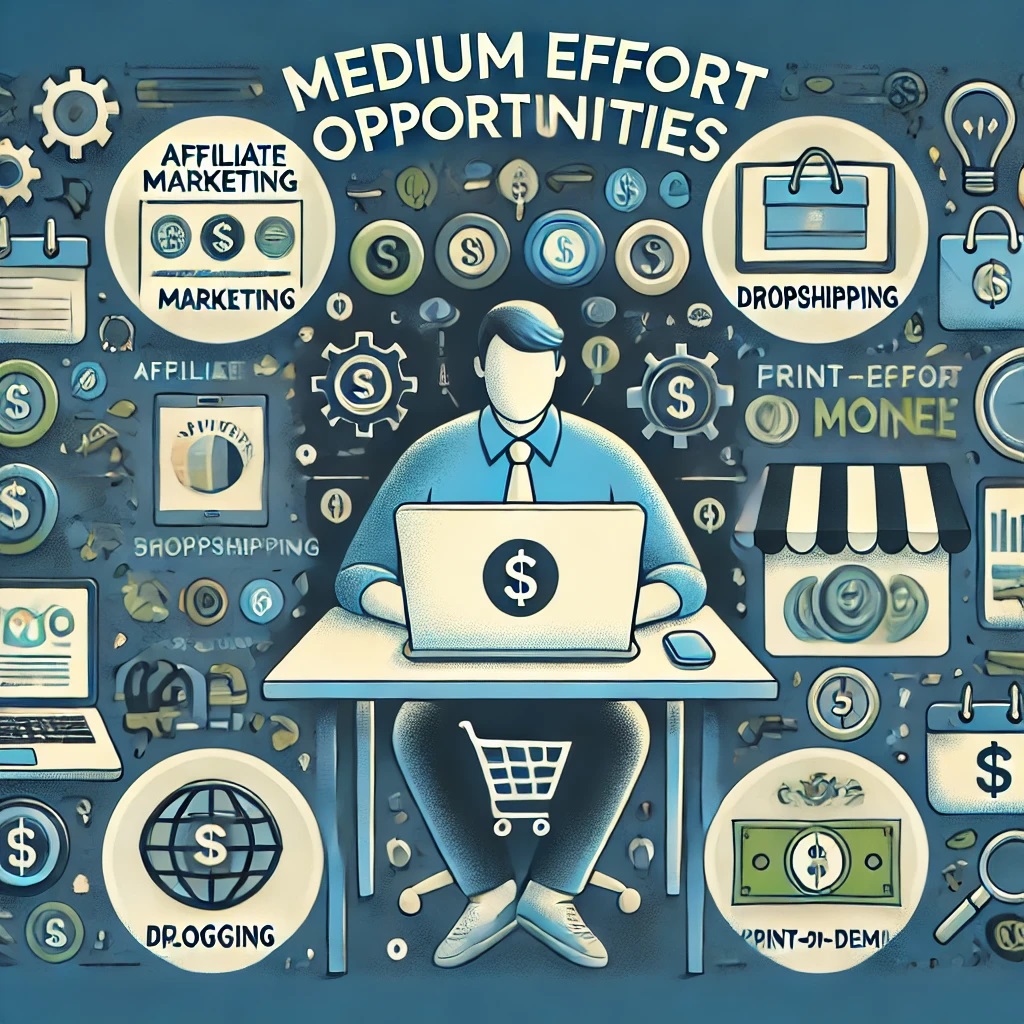 A modern illustration highlighting medium-effort money-making opportunities, including affiliate marketing, dropshipping, blogging, and print-on-demand. A central figure works at a laptop surrounded by icons for analytics, shopping carts, dollar signs, and creative tools. The design features clean lines and shades of blue and green for a professional and inviting feel.