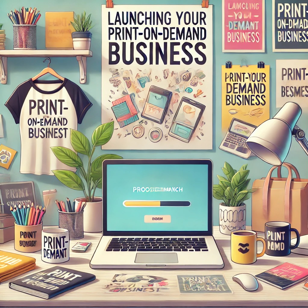 Modern illustration of a laptop on a desk surrounded by print-on-demand products like t-shirts, mugs, tote bags, and posters, symbolizing entrepreneurship and creativity.