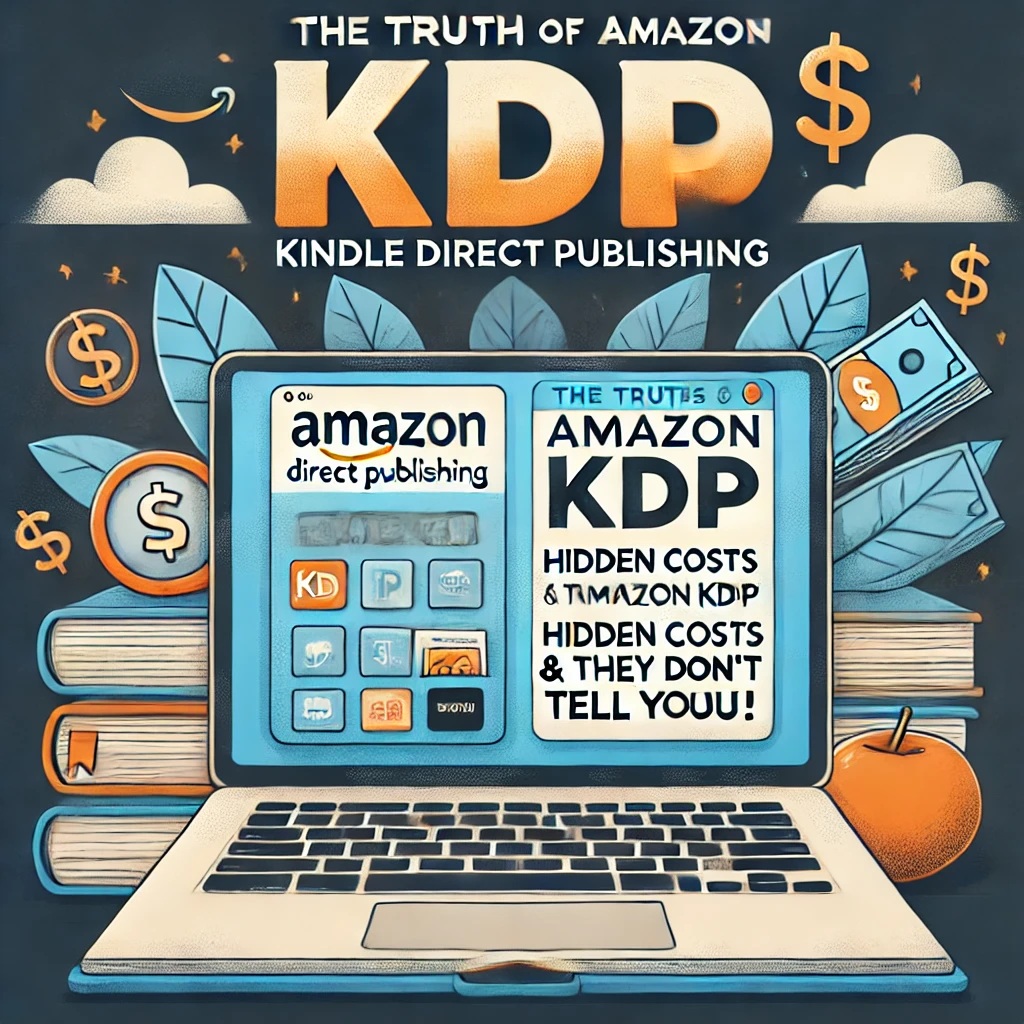 A professional blog post header image featuring bold text that reads 'The Truth About Amazon KDP: Hidden Costs & What They Don’t Tell You!' The background includes an open laptop displaying the Amazon KDP dashboard, a stack of books, and floating dollar signs, representing the potential earnings and hidden costs of self-publishing on Amazon KDP.